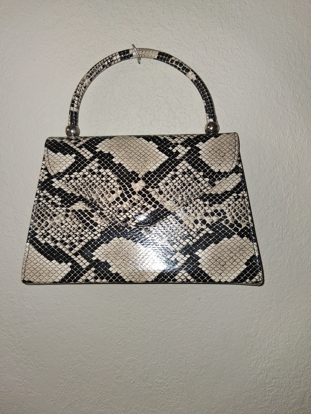 Structured Top-Handle Satchel in Black & Cream Snake Print